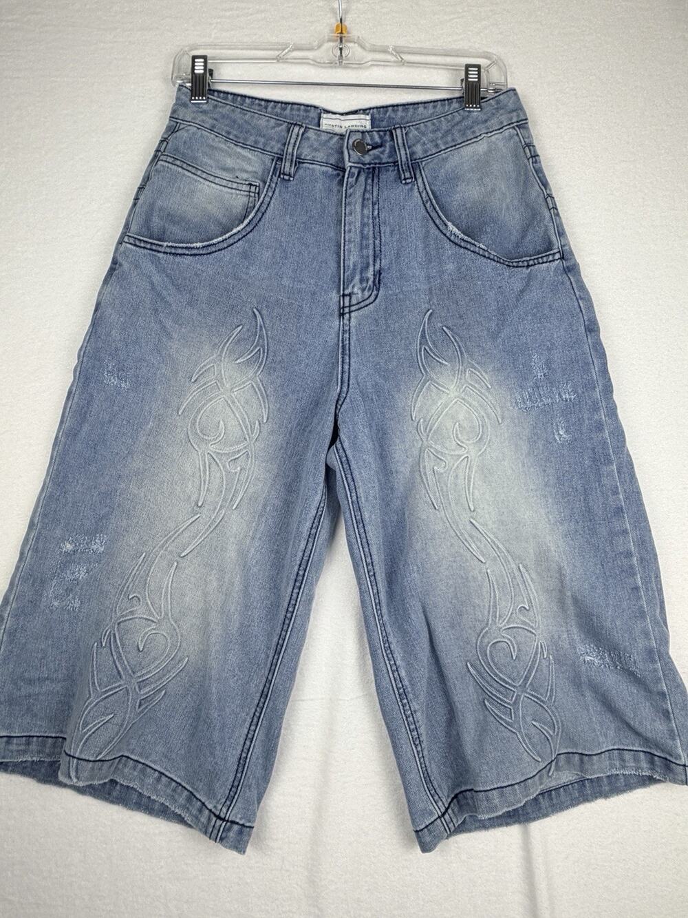 Austin Landing Y2K Jorts Women’s 5 Blue Baggy Tribal Embroidered Long Denim